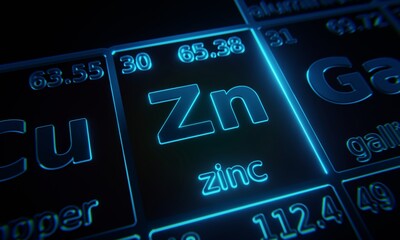 Focus on chemical element Zinc illuminated in periodic table of elements. 3D rendering - obrazy, fototapety, plakaty