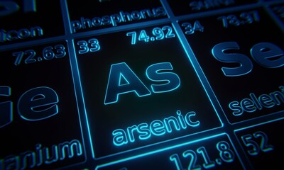 Focus on chemical element Arsenic illuminated in periodic table of elements. 3D rendering
