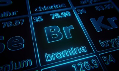 Focus on chemical element Bromine illuminated in periodic table of elements. 3D rendering