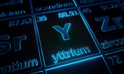 Focus on chemical element Yttrium illuminated in periodic table of elements. 3D rendering