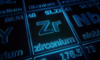 Focus on chemical element Zirconium illuminated in periodic table of elements. 3D rendering