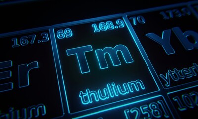 Focus on chemical element Thulium illuminated in periodic table of elements. 3D rendering