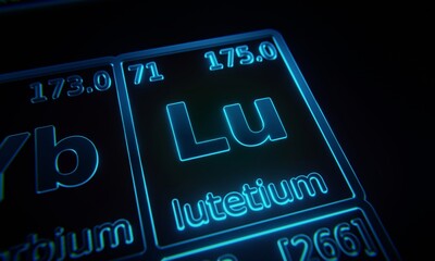 Focus on chemical element Lutetium illuminated in periodic table of elements. 3D rendering