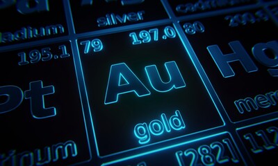 Focus on chemical element Gold illuminated in periodic table of elements. 3D rendering