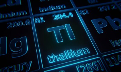 Focus on chemical element Thallium illuminated in periodic table of elements. 3D rendering