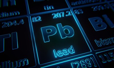 Focus on chemical element Lead illuminated in periodic table of elements. 3D rendering