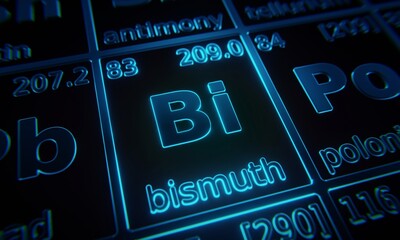 Focus on chemical element Bismuth illuminated in periodic table of elements. 3D rendering