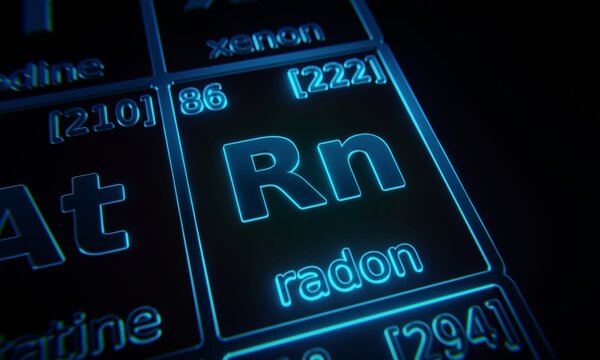 Focus on chemical element Radon illuminated in periodic table of elements. 3D rendering