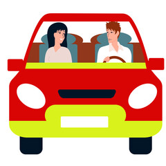 Drive. A loving man and woman are driving in a red car. The guy is driving. Husband and wife, family trip. Vector flat.