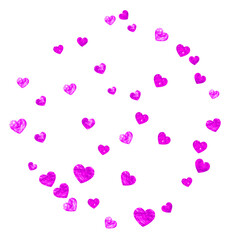 Valentine background with pink glitter hearts. February 14th day. Vector confetti for valentine background template. Grunge hand drawn texture. Love theme for voucher, special business ad, banner.