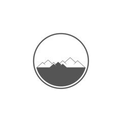 Mountain circle emblem. Hiking badge and outdoor hill travel label. Snow mountains tourism. Flat vector illustration isolated on white background.