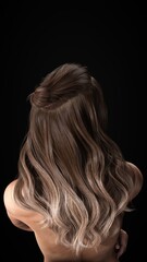 Naklejka premium Portrait of a beautiful posing young brunette woman with salon design hair. Back view. Side view. Thick hair women's fashion. Haircare. 3D rendering. 