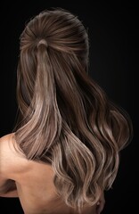 Fototapeta premium Portrait of a beautiful posing young brunette woman with salon design hair. Back view. Side view. Thick hair women's fashion. Haircare. 3D rendering. 