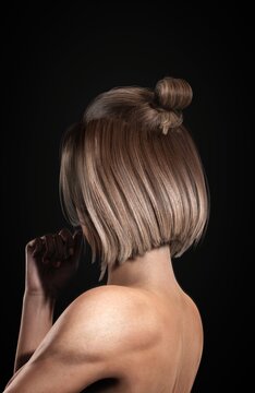 Portrait of a beautiful posing young brunette woman with salon design hair. Back view. Side view. Thick hair women's fashion. Haircare. 3D rendering.
