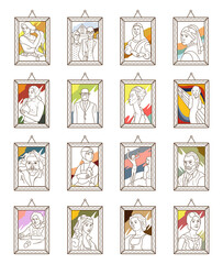 Collection of portraits and self-portraits of famous artists. Framed pictures in sketch style.