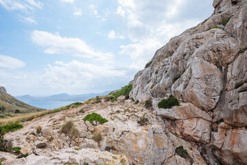 Great white cliffs by the sea in England. Big mountains by the sea. Blue sea in Spain or Greece 