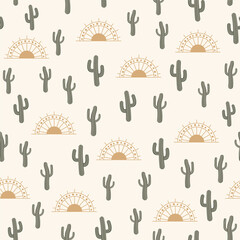Seamless pattern vector summer cactus on desert with sun for fashion fabric and all prints on light beige