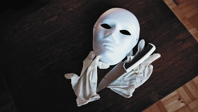Serial Killer White Face Mask Latex Gloves and Kitchen Knife