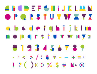 A set of letters, numbers and punctuation marks from geometric shapes in different colors. Modern abstract alphabet. - obrazy, fototapety, plakaty
