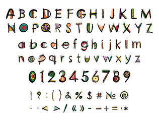 Collection of letters, numbers and punctuation marks with African ornaments. African ethnic font.