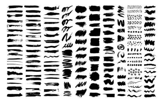 Big collection of grunge texture brushes, spots, smears, splashes. Vector design elements isolated on a white background.
