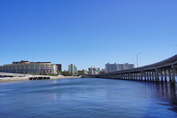 Tampa, FL, USA - 01 19 2022: Beautiful Hillsborough River and waterfront building downtown in Tampa, Florida