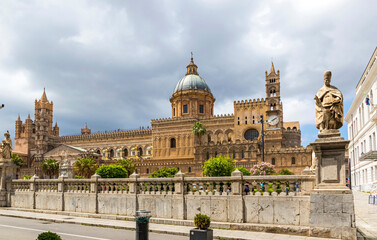 Facade view of Palermo Cathedral (Metropolitan Cathedral of the Assumption of Virgin Mary), located in Palermo, Sicily, Italy. UNESCO World Heritage Site