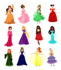 Collection of fabulous young princesses from different countries. Cartoon characters.