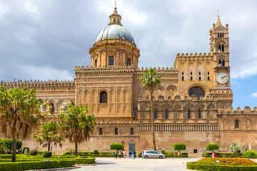Fototapeta na wymiar Facade view of Palermo Cathedral (Metropolitan Cathedral of the Assumption of Virgin Mary), located in Palermo, Sicily, Italy. UNESCO World Heritage Site