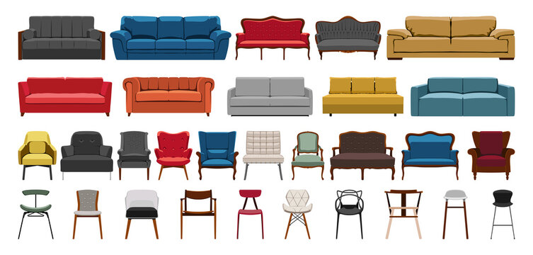 Collection of sofas and armchairs. Detailed furniture illustrations.