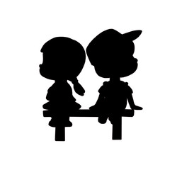 Silhouette of a boy and a girl sitting on a bench. A symbol of quarrel, resentment. Isolated.