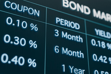 Close-up bond market trading scree.. Coupons, rates, yields  and other informations are displayed. Interest rates concept. 3D illustration 