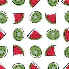 Seamless pattern with kiwi fruit and watermelon slices. Summer background.