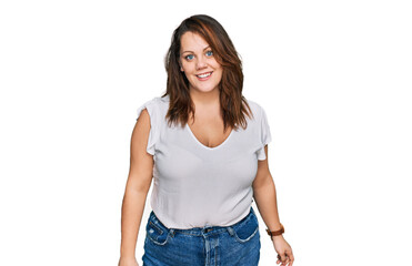 Young plus size woman wearing casual white t shirt with a happy and cool smile on face. lucky person.