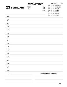 Daily planner for business. 21 February planner daily with cells to fill