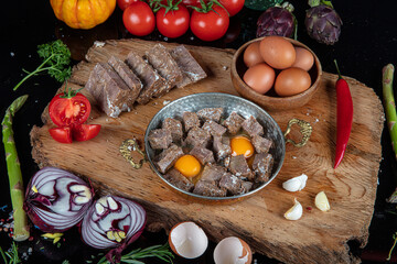 Turkish style meat role on serving plate. Turkish roasted meat ( kavurma ). Local name; dana kavurma. - obrazy, fototapety, plakaty