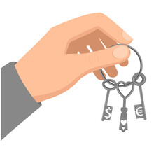 A man's hand holds a bunch of keys. One key with a dollar sign, the second with love hearts, the third with a euro sign. Vector design element in flat style.