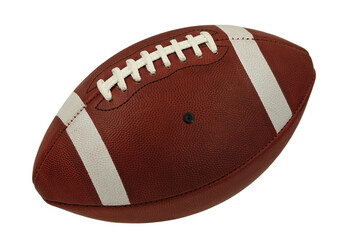 A leather American football game ball is shown isolated against a plain, solid white background.