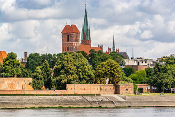 Torun, Poland - August 11, 2021. Panoramic view on the Old Town of opposite side of the river