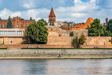 Torun, Poland - August 11, 2021. Panoramic view on the Old Town of opposite side of the river