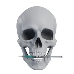 human skull with syringe isolated on white