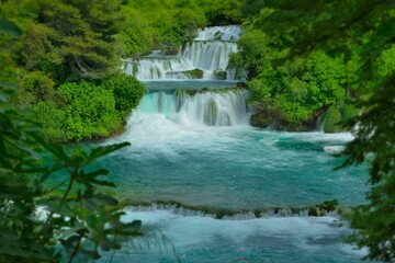 multi-steps Waterfal on Krka river national park in Croatia aquamarine water