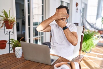 Fototapeta premium Middle age man using computer laptop at home covering eyes and mouth with hands, surprised and shocked. hiding emotion