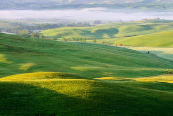 Tuscany spring morning. View of the sunlit hills. There is fog in the valley.