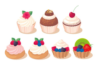 Set of cakes, tartlets with fruits, cupcakes decorated with cream, rose, cherry. Party sweet snack, delicious backery. Vector illustartion, icon, simbol, object. Isolated on white