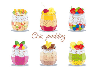 Set of Chia pudding layered with aplles, overnight oats, cherry, mango, strawberry, blueberry, kiwi, tiramisu, dragon fruit, matcha in glass jar. Isolated. Delicious dessert, healthy usefull breakfast