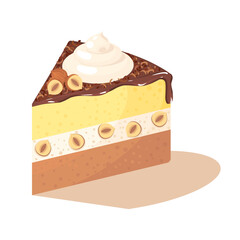 Meringue, biscuit, hazelnut cake covered with chocolate cream topped with nuts and wipped cream isolated. Vector illustartion, icon, simbol, object