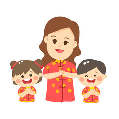 Cute Cartoon Chinese Family Vector.