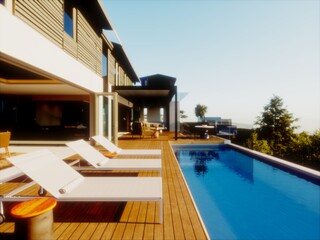 3d render of luxury house terrace and swimming pool