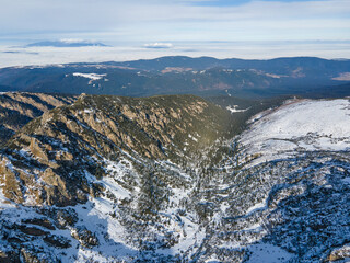 Aerial winter landscape of Rila Mountain near Malyovitsa peak, Bulgaria